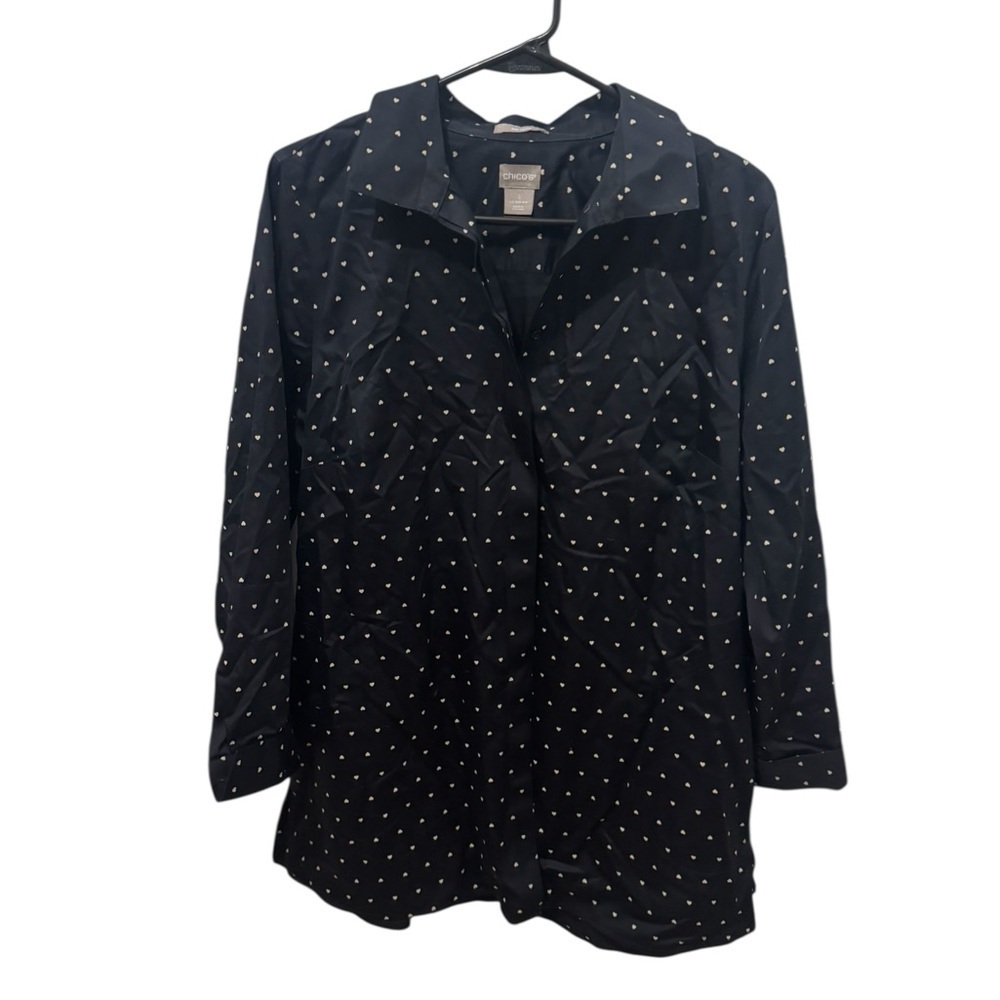 Chico’s Navy Blue Heart Print Button Front Top Size Medium